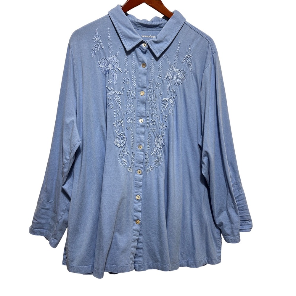 Woman Within Women Cottage Boho Knit Button Tunic Top 3X Blue Embroidered Floral